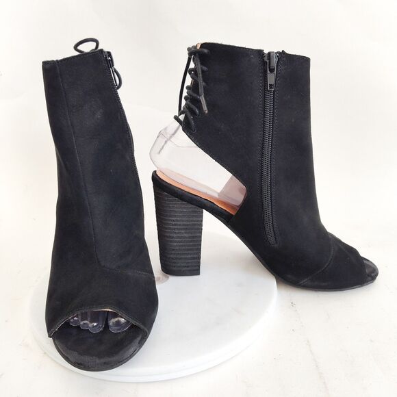 Jeffrey Campbell Black Suede Ankle Boots Booties 8.5 Open Toe Block Heel Corset - Picture 1 of 11